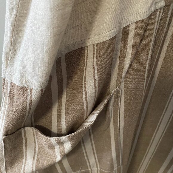 Handmade Plus Size Cotton Linen Patch Pockets Neutrals Brown Stripes Dress - Picture 10 of 15